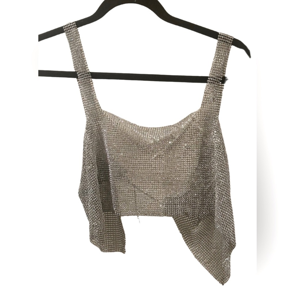 Silver Adjustable Rhinestone Chainmail Crop Top Tank | Size M